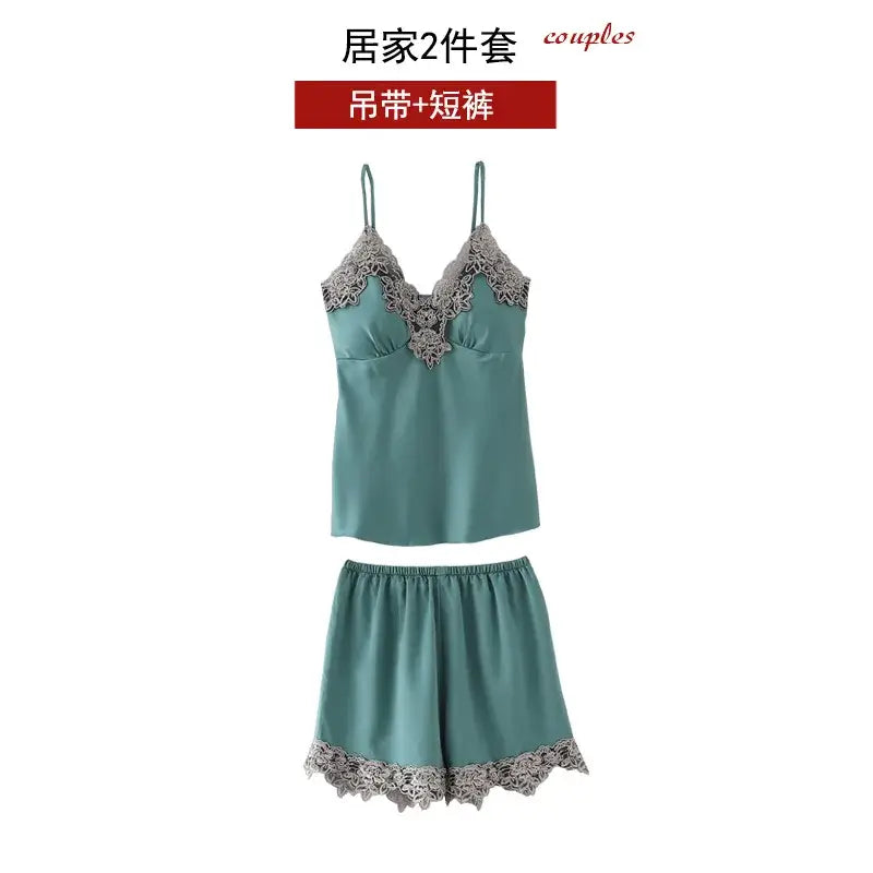 5PC Silk Robe Sleep Suit Womens Lace Satin Pajamas Gown Set V-Neck Cami Nighties Wear Pijama Home Nightwear Spring Nightdress