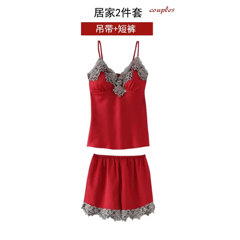 5PC Silk Robe Sleep Suit Womens Lace Satin Pajamas Gown Set V-Neck Cami Nighties Wear Pijama Home Nightwear Spring Nightdress