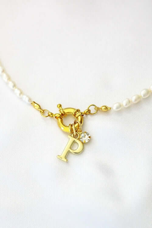24 Karats Custom Initial  Freshwater Pearls Front Opening Choker with gold letter charm and freshwater pearls.